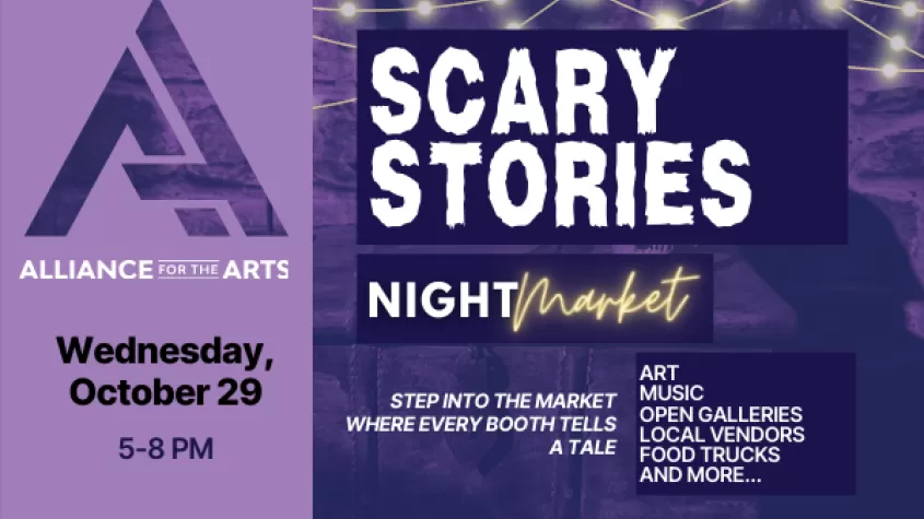 dark and light purple overlays of a "scary" background with twinkle lights at the top and the words scary stories in creepy font