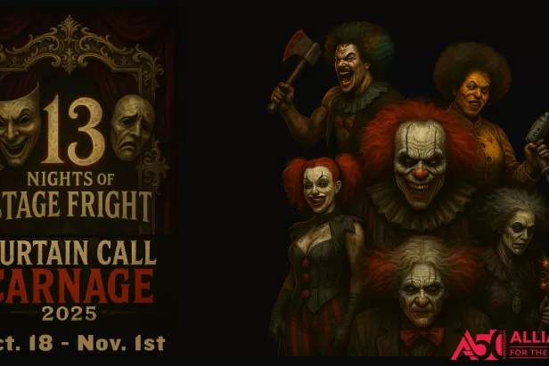 black background with creepy clowns on the right and 13 nights of stage fright on the left with the drama faces